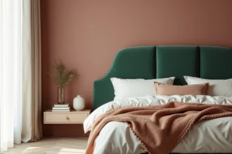 Tête de lit en velours vert sauge sur mur rose poudré dans une chambre apaisante et design