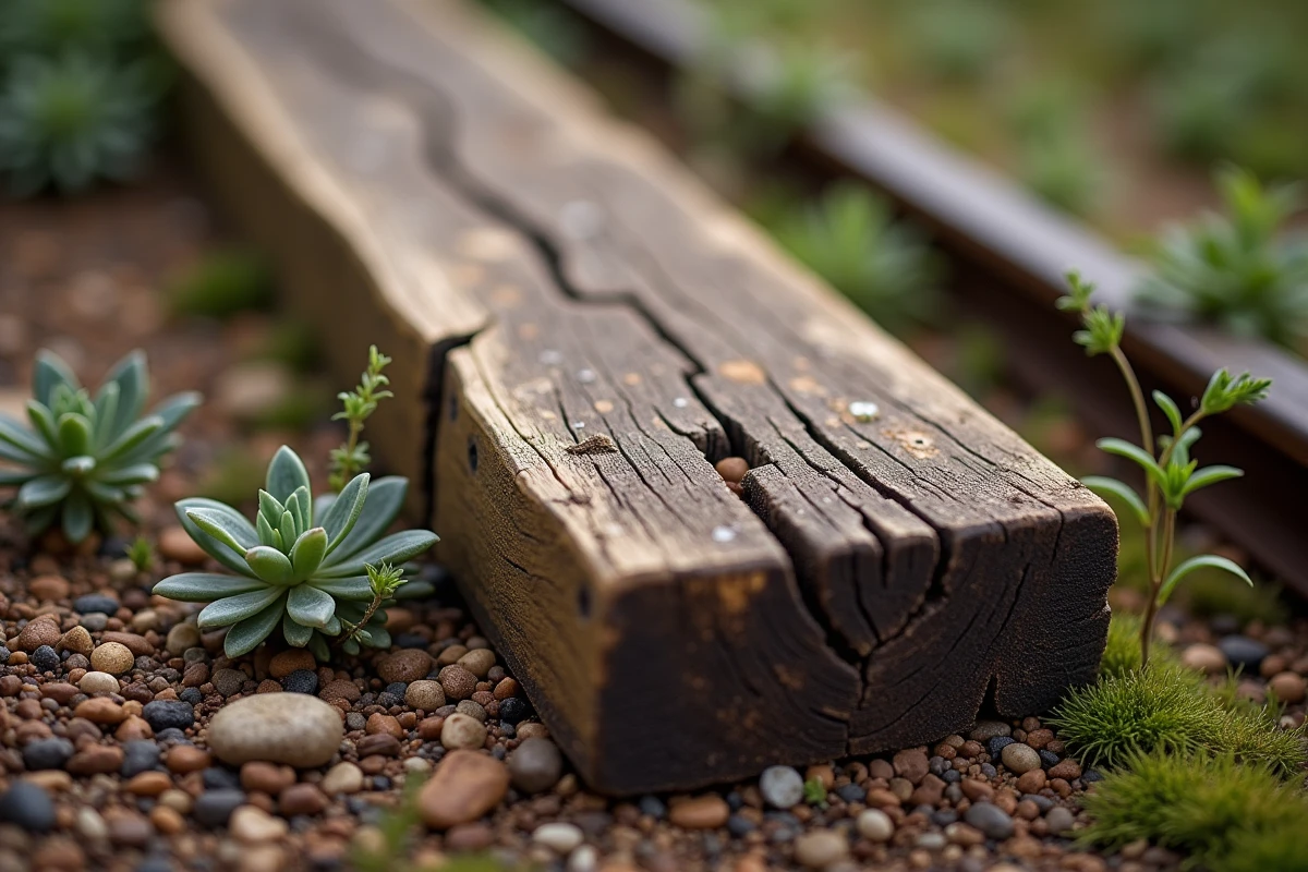 Gros plan sur la texture vieille et rugueuse d'une traverse de chemin de fer en chêne posée dans un jardin avec des plantes couvre-sol