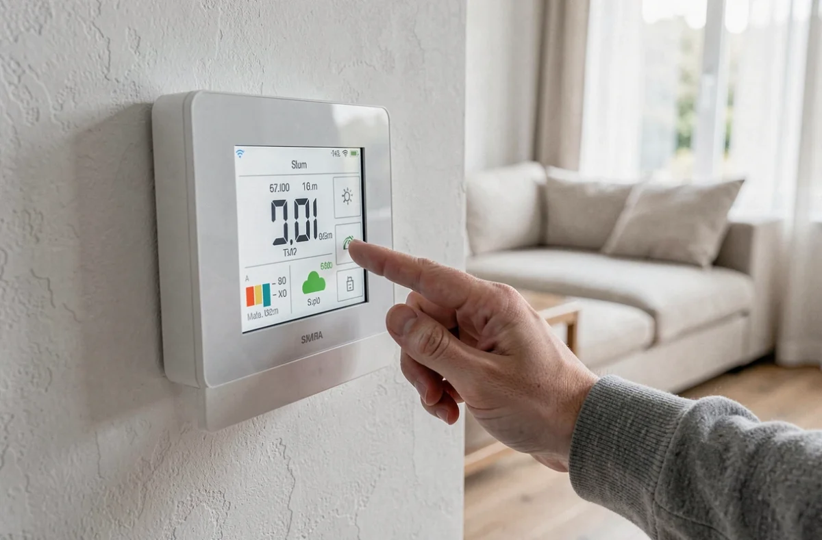 Gros plan sur le thermostat connecté d'une pompe à chaleur dans un salon contemporain