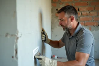 Professionnel appliquant un traitement anti-humidité sur un mur intérieur avec des taches d'humidité visibles