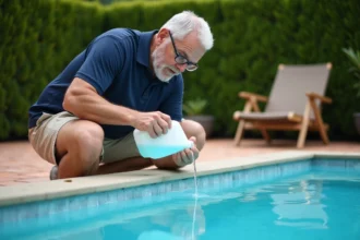 Homme versant de la javel dans une piscine extérieure en début de saison de nettoyage