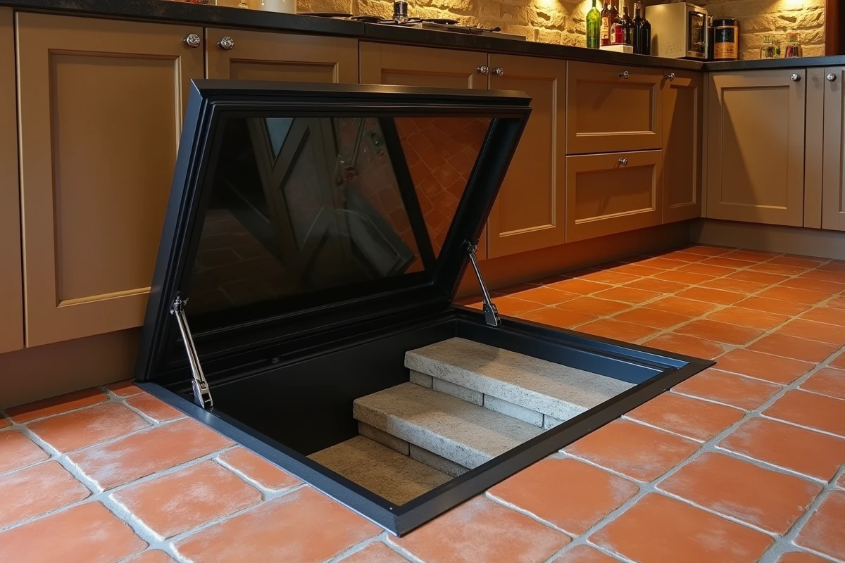 Trappe d'accès cave en verre ouverte dans le sol d'une cuisine de ferme rénovée avec carrelage en terre cuite et escalier en pierre