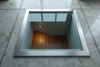 Trappe de sol en verre encastrée dans un plancher en béton poli avec cadre en acier inoxydable brossé, vue de dessus