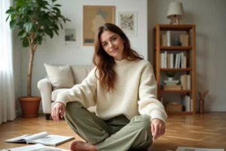 Femme assise sur un parquet entourée de planches de style déco et d'échantillons de tissus pour trouver son style d'intérieur