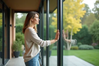 Femme dans une veranda bioclimatique lumineuse et spacieuse