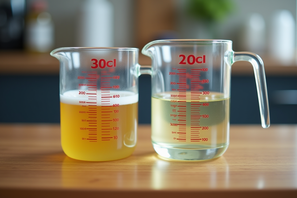 Deux verres mesureurs avec liquide sur une table en bois