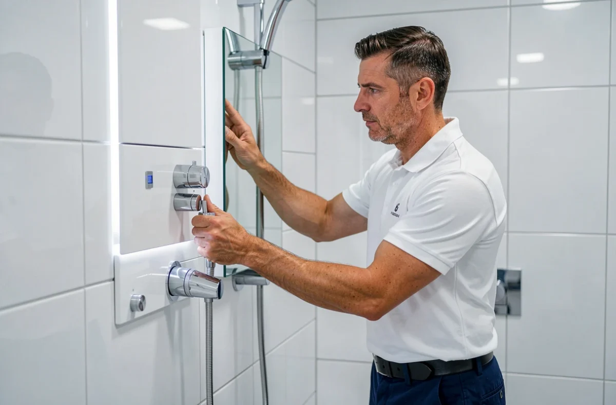 Installateur Vialleix fixant un panneau de douche thermostatique mural dans une salle de bain aux carreaux blancs brillants