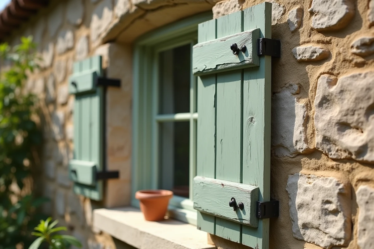 Volets en bois peints en vert sauge installés sur une façade en pierre de maison de campagne française