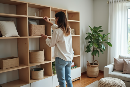 Femme arrangeant paniers en salon moderne