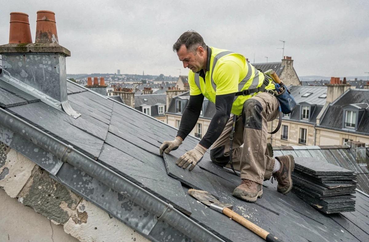Couvreur posant des ardoises sur un toit de maison à Calais pour ZL Bâtiment